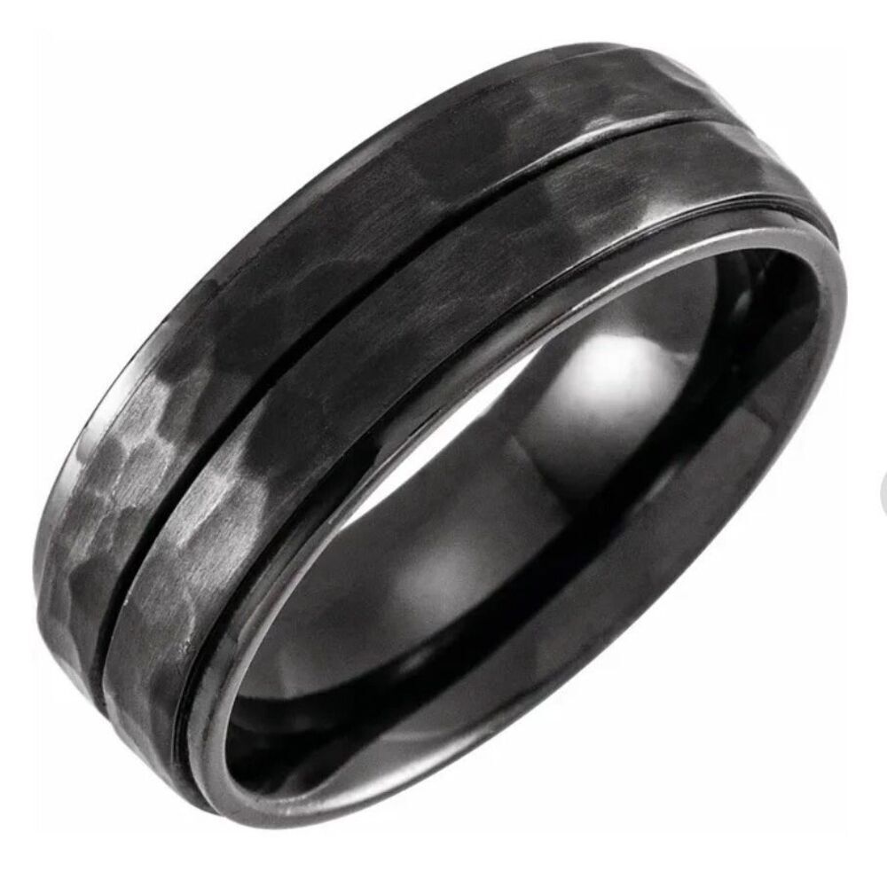 Stuller Men’s Ring Black Titanium 8mm Grooved Stepped-Edge Comfort-Fit Flat Band
